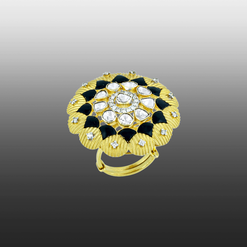 Polki Ring with Black Enamel, Gold Detailing, and Diamonds